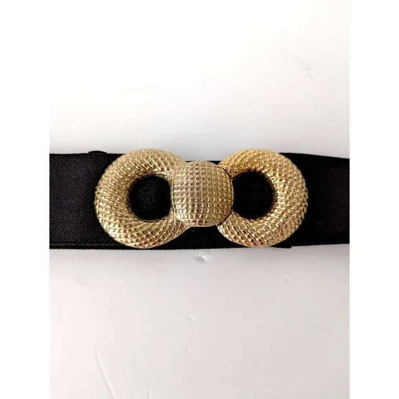 Vintage Motion East Black Elastic Stretch Belt Gold Detail Hook Closure 80s 90s - Picture 2 of 5